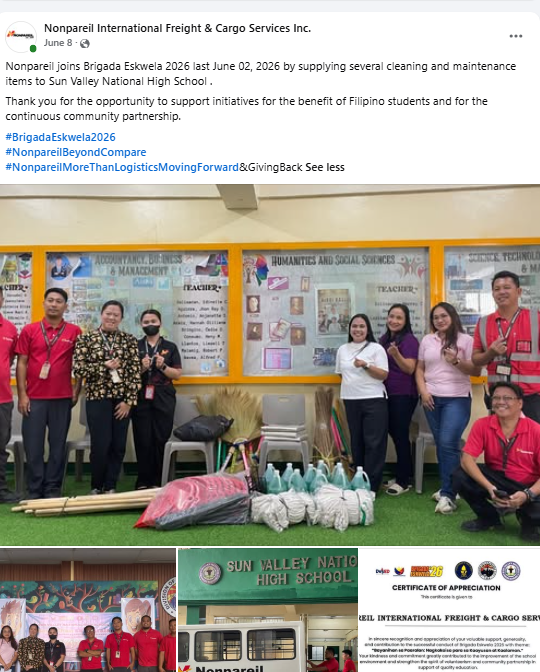 Collage of photos from Nonpareil participation in Brigada Eskwela 2026 at Sun Valley National High School