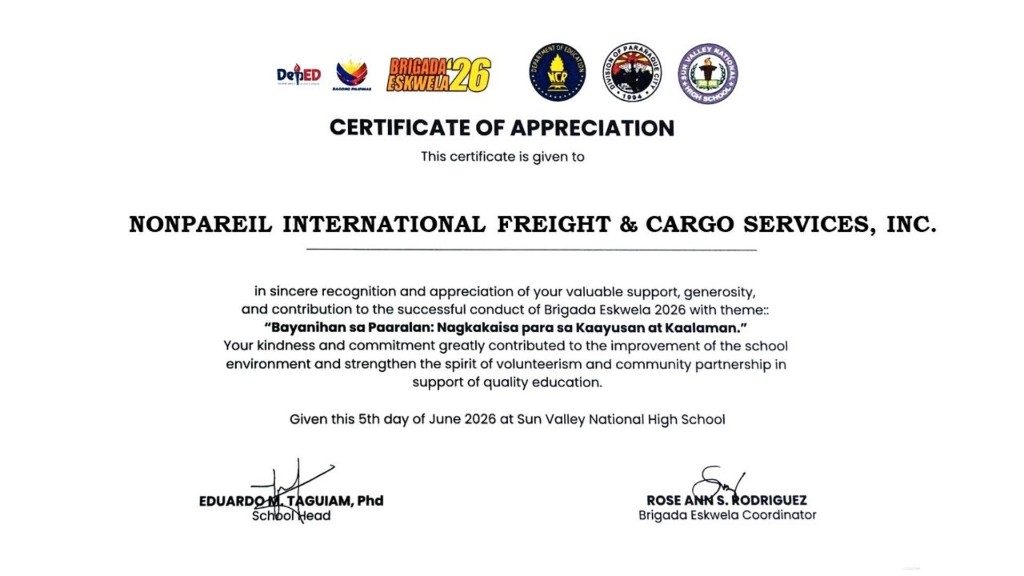 Certificate of Appreciation from DepEd and Sun Valley National High School to Nonpareil International for Brigada Eskwela 2026
