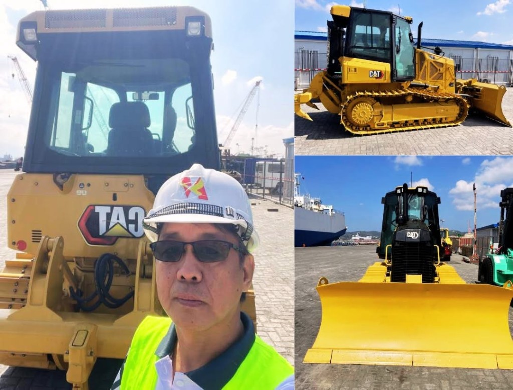 Collage of CAT dozer at port with Nonpareil team member and RORO vessel
