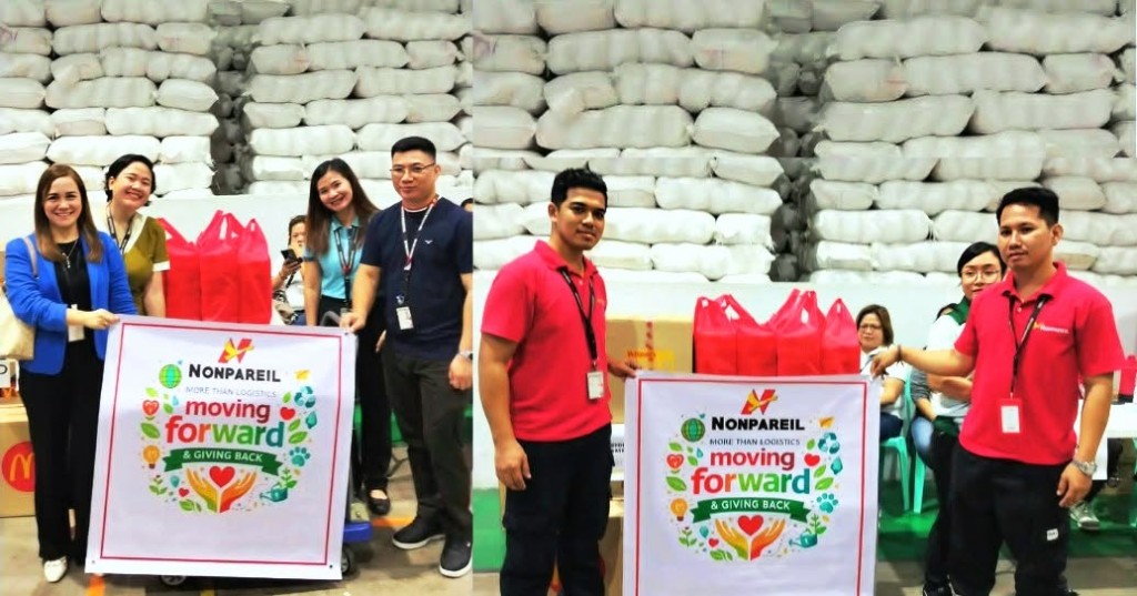 Nonpareil staff with red gift bags and stacked relief goods in warehouse