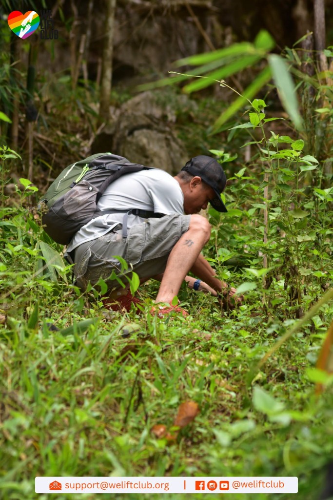 Volunteer tending to a newly planted tree in a wooded area